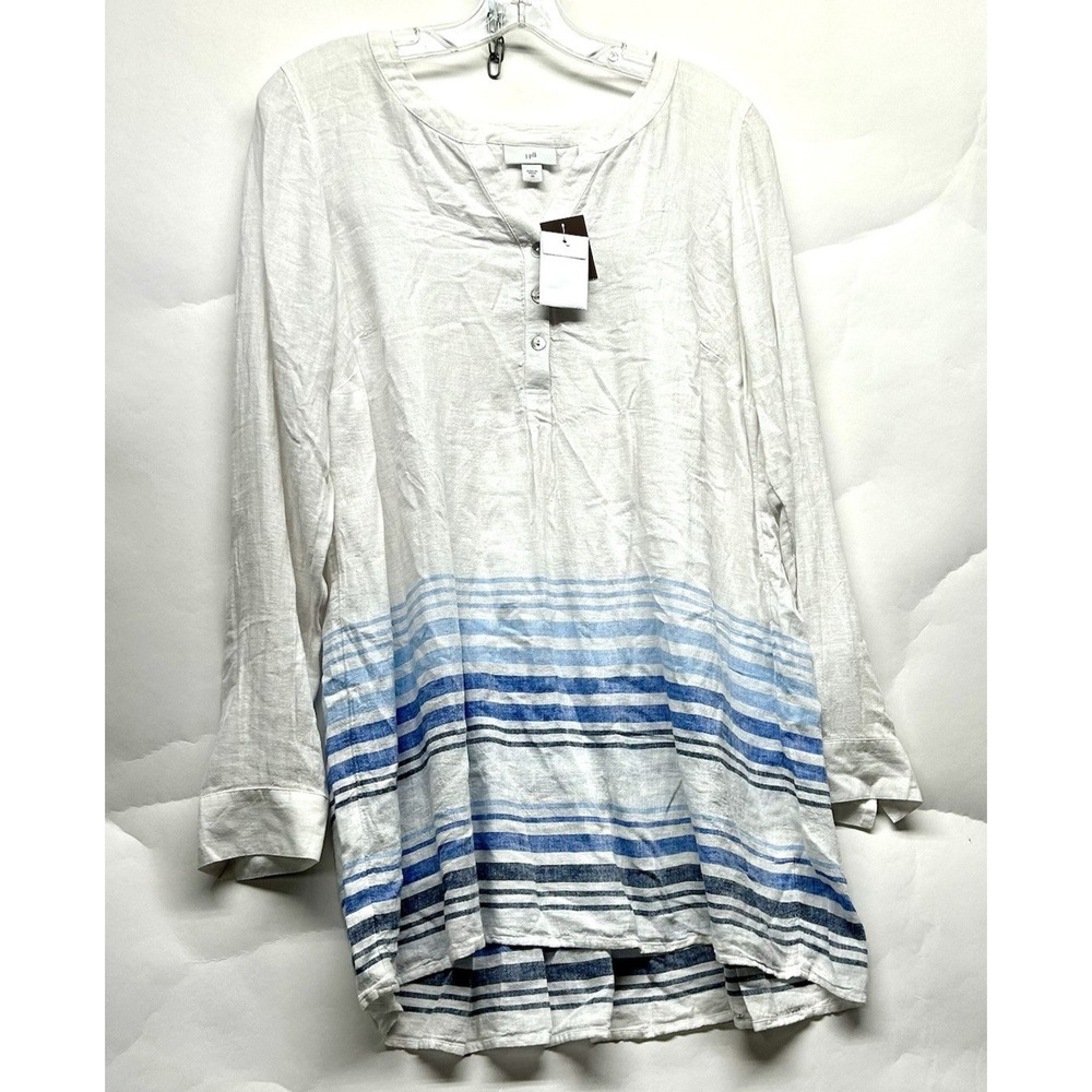 J. Jill Linen Women's White Blue Stripe XS Linen Blend Button Up Top (A4)